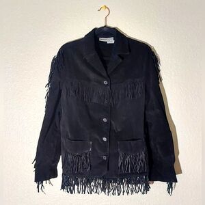 Newport News Vintage Black Leather Fringe Western Button Up Jacket Women's Sz L